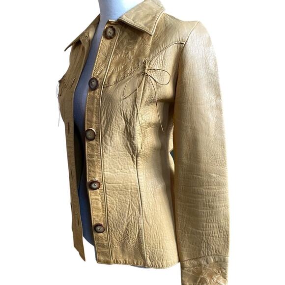 Vtg Santa Fe Leather floral embossed Shirt jacket womens S tan western boho USA - Picture 5 of 16